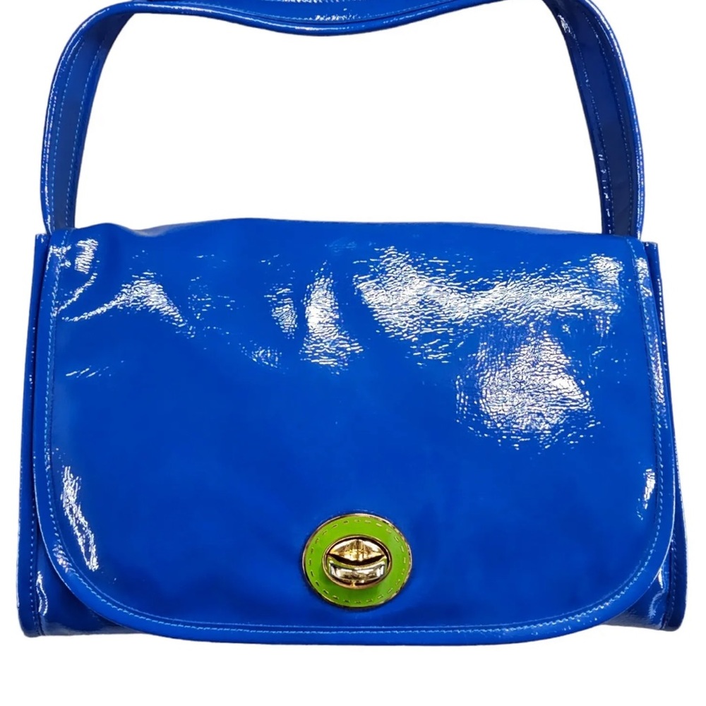 Kate Landry blue patent vinyl handbag shoulder bag with floral lining